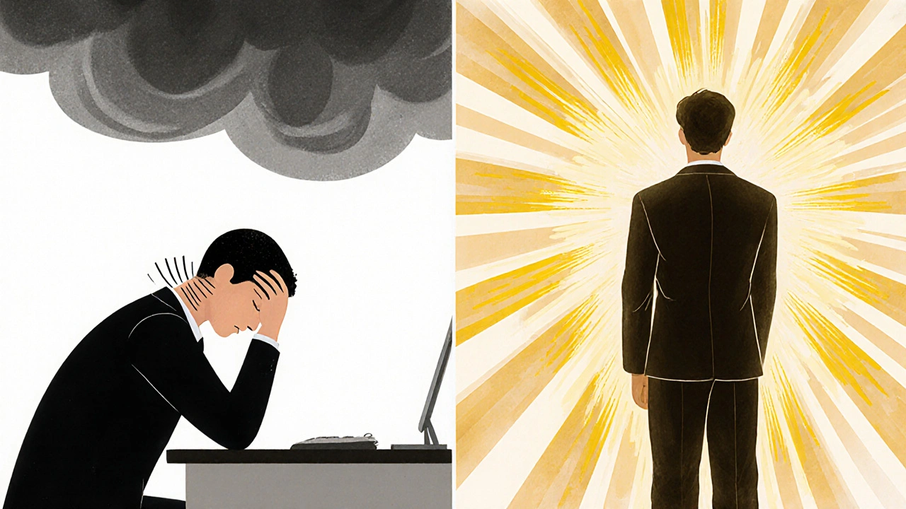 Contraste artistique : personne tendue au bureau vs personne détendue après un massage, tensions transformées en lumière.