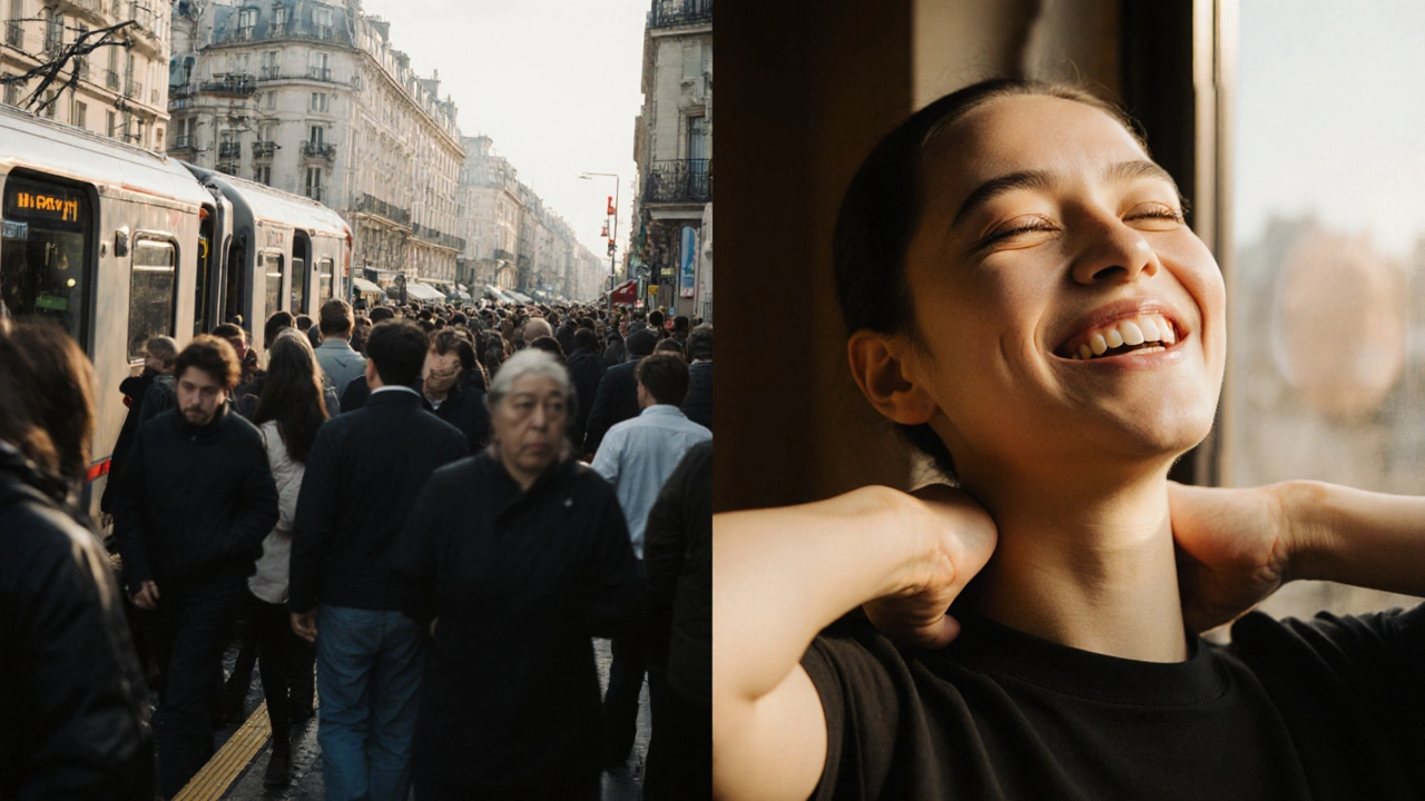 Contraste entre le stress du métro parisien et la sérénité après un massage asiatique, même personne transformée.