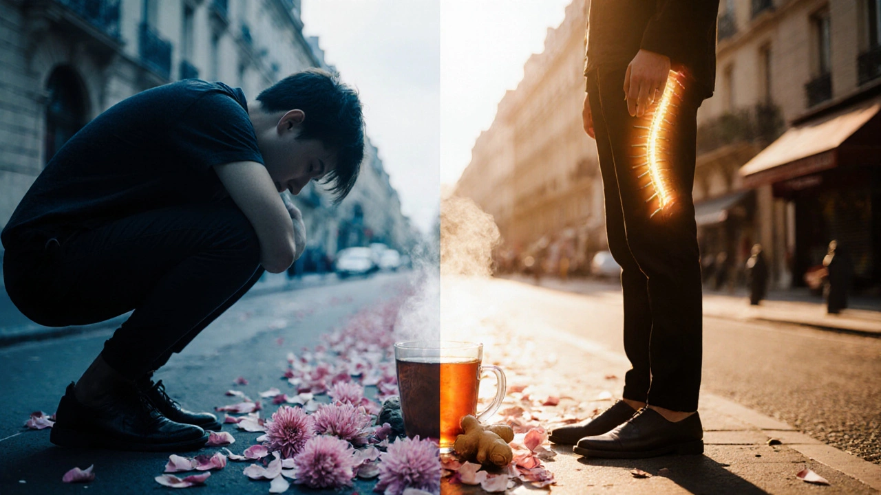 Contraste visuel entre une personne écrasée par le stress et une autre libérée, entourée de pétales et d&#039;une tisane chaude.