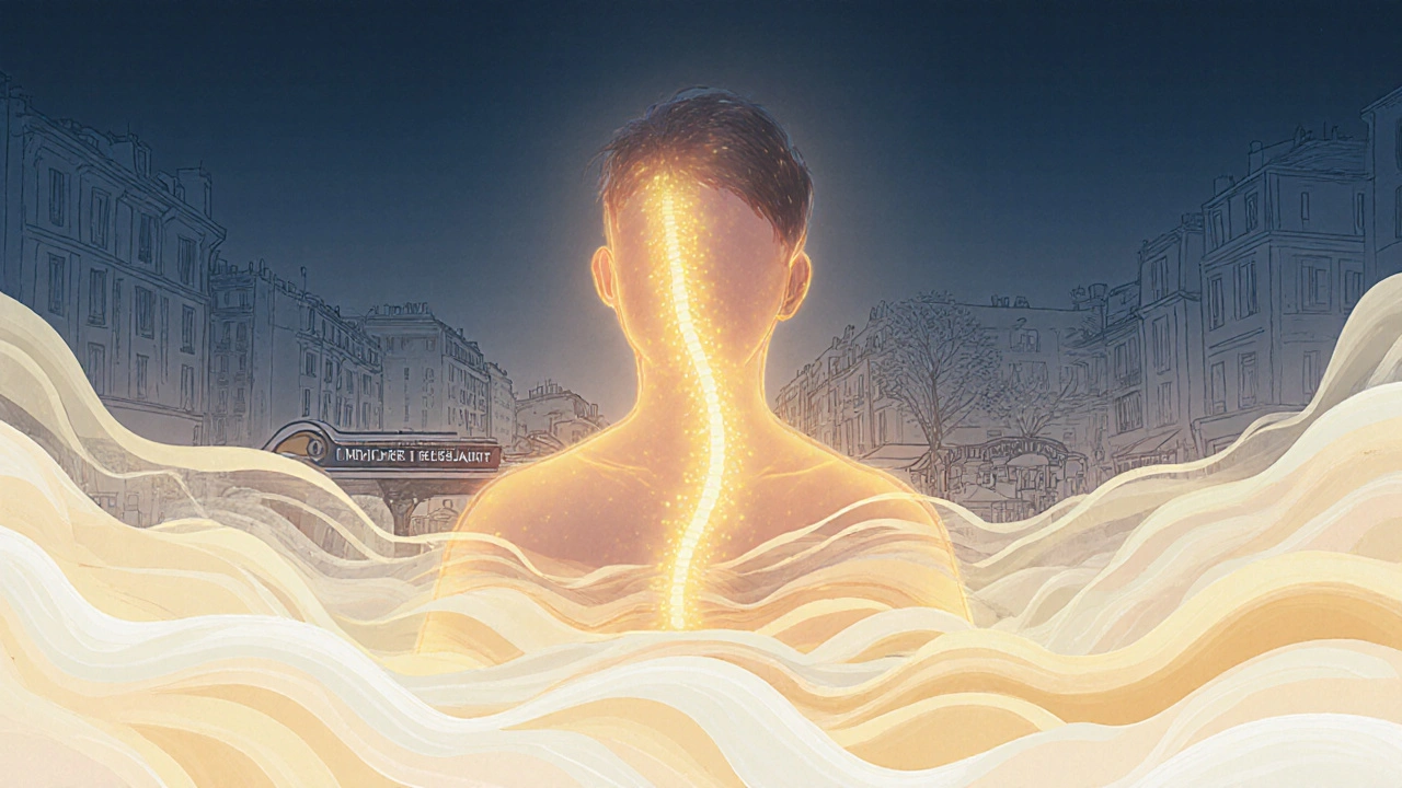 Corps humain évoqué par des vagues de chaleur dorée, fond suggérant les rues du 15e arrondissement de Paris.