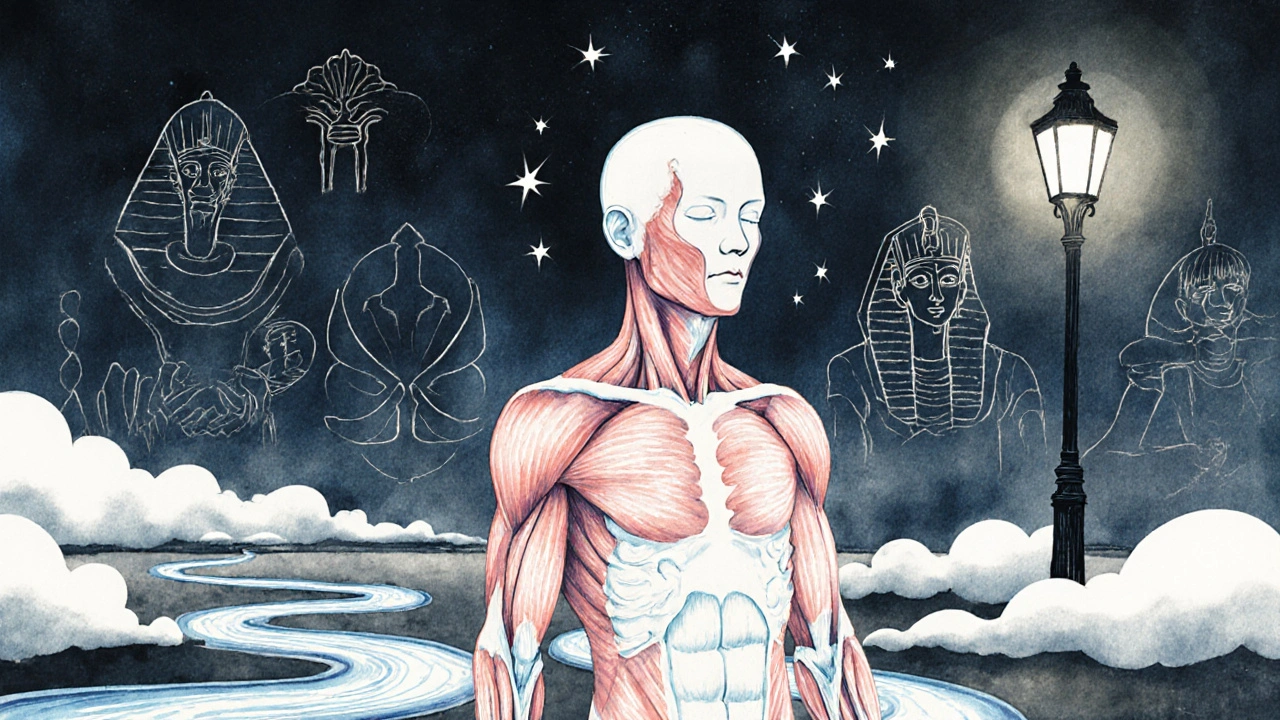 Corps humain représenté comme un paysage apaisant, avec des tensions qui se dissolvent en lumières douces.