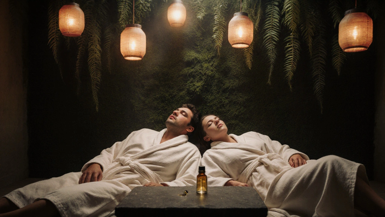 Couple relaxant côte à côte dans un spa luxueux, éclairé par des lanternes et entouré de plantes.