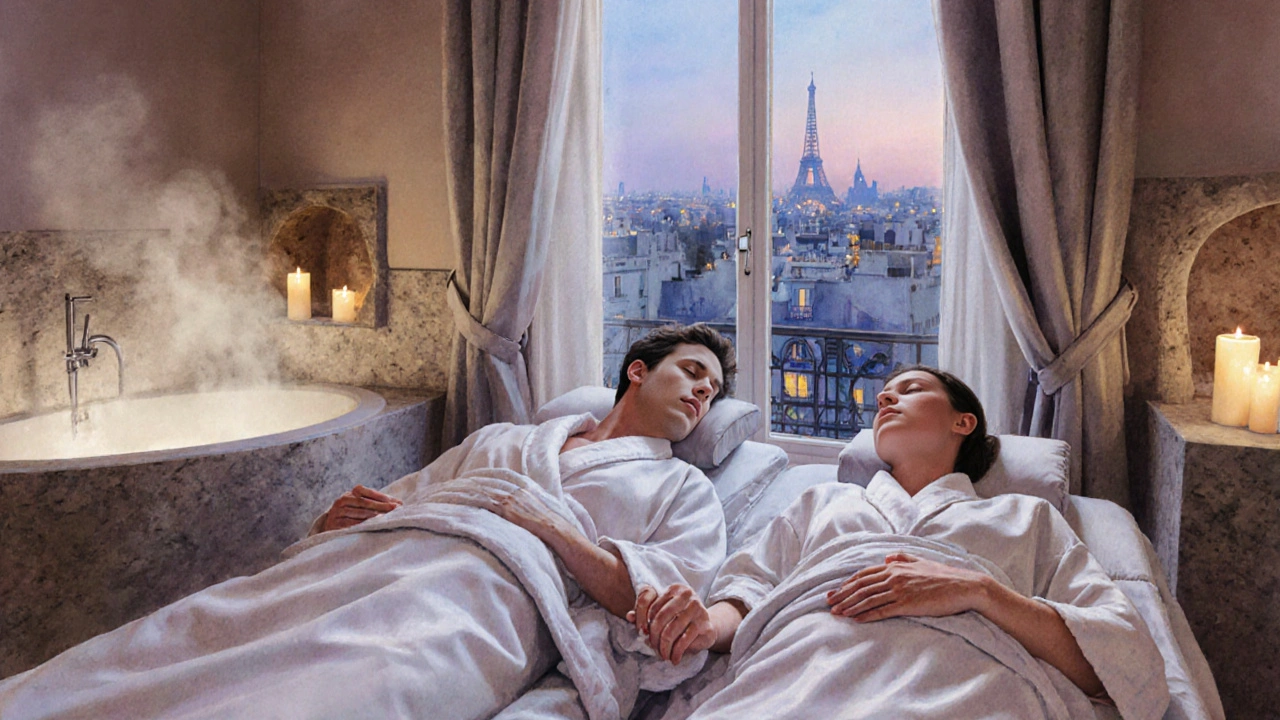 Couple reposant dans des peignoirs après un massage en couple, bain à vapeur et bougies dans un spa intime.