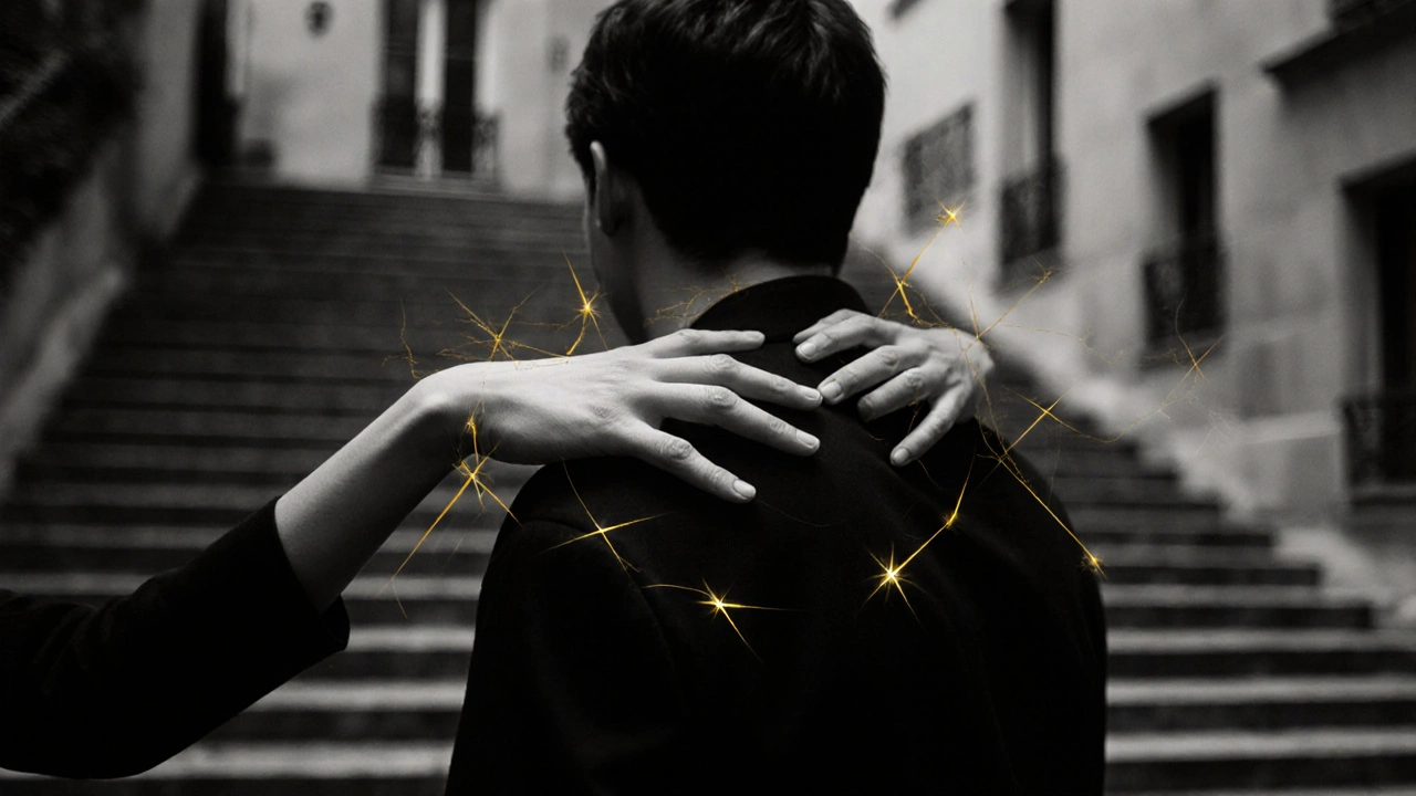 Deux mains au-dessus des épaules, énergie subtile, lumière dramatique, ambiance émotionnelle silencieuse à Paris.
