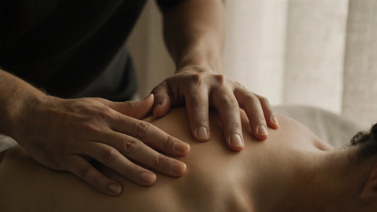 Deux mains en contact apaisant sur une épaule, lumière douce et silence émotionnel, sans aucune connotation sexuelle.