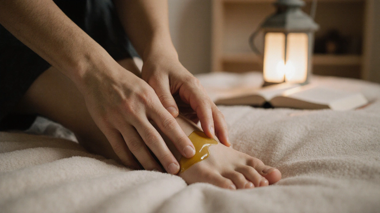 Deux mains massent un pied sur un lit, avec de l&#039;huile qui brille doucement sous une lumière tamisée.