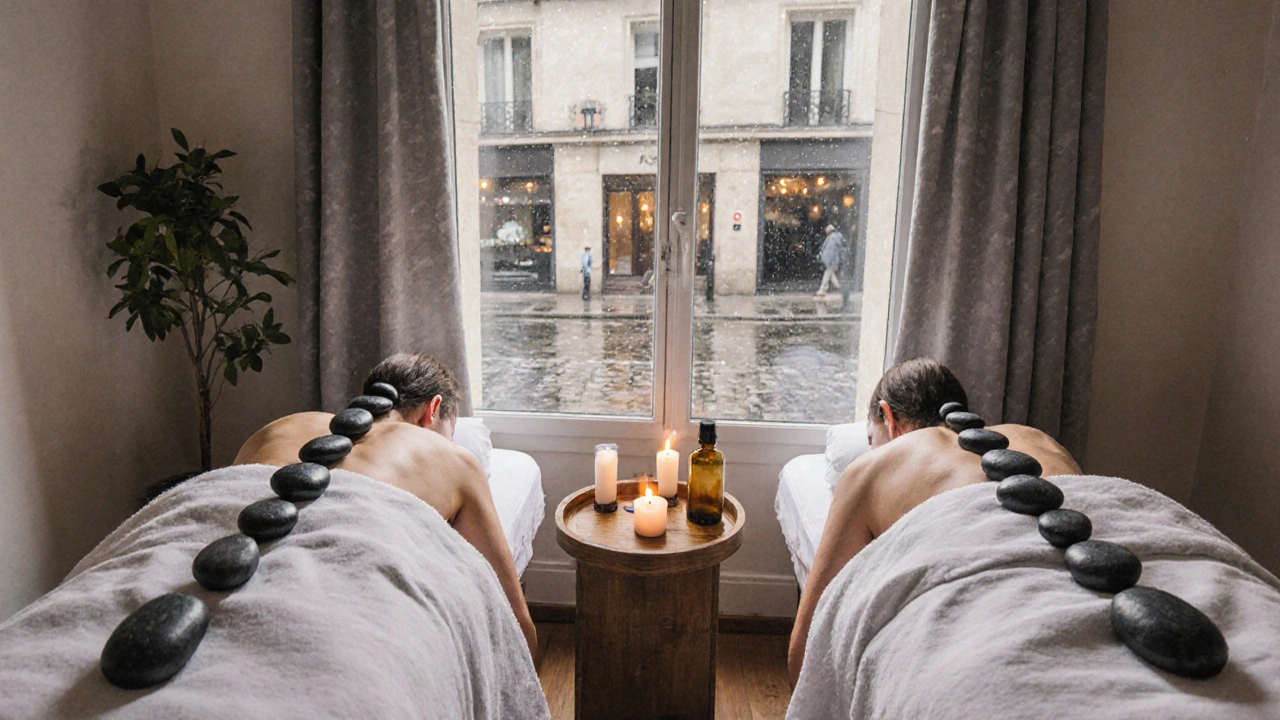 Deux personnes en massage aux pierres chaudes dans un atelier parisien, bougies et pierres polies visibles, ambiance calme et intime.