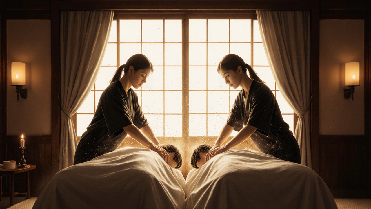 Deux thérapeutes massent simultanément un couple dans une pièce doucement éclairée par des bougies.