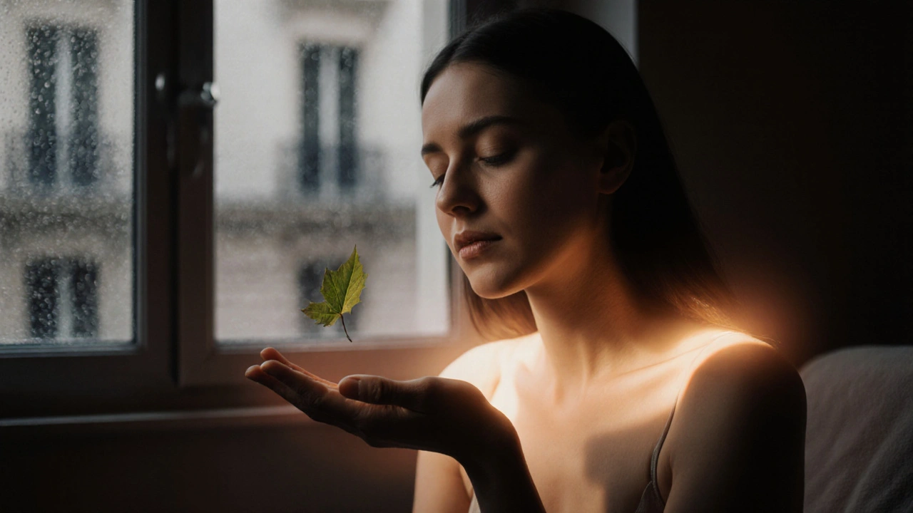 Femme après un massage, halo de lumière douce, feuille flottant près de la main, calme profond et vitalité retrouvée.