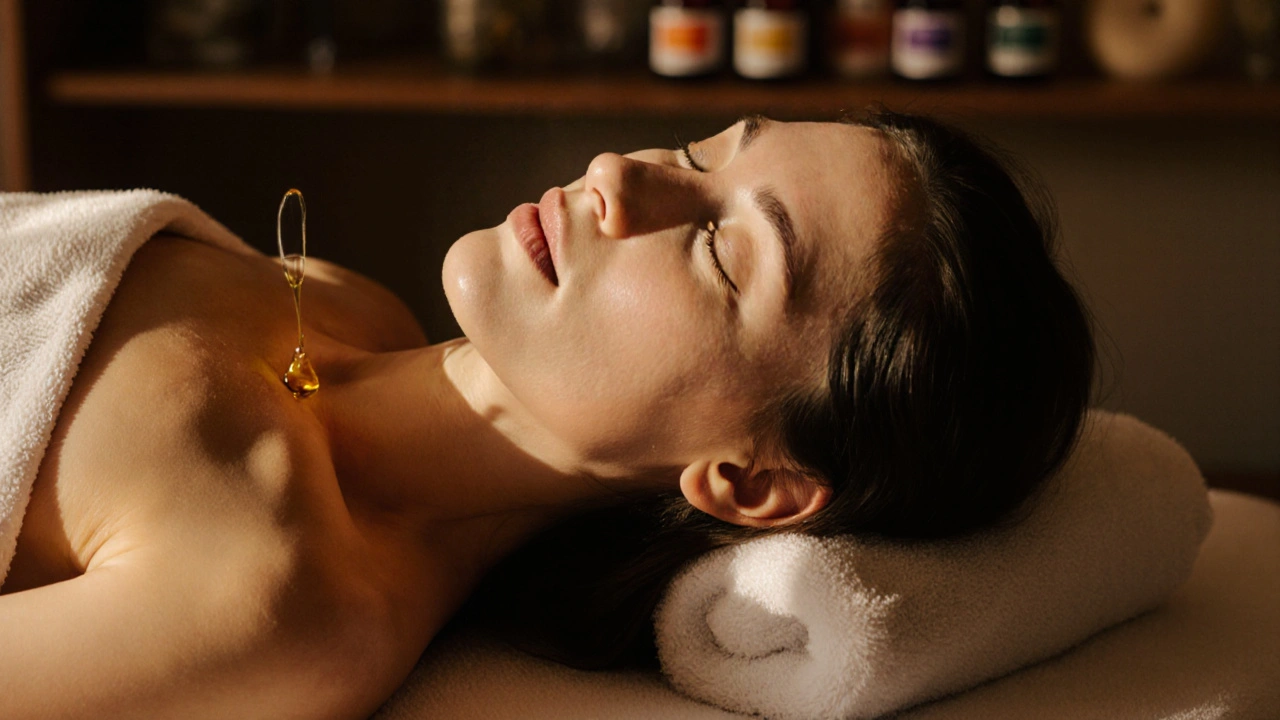 Femme détendue sur une table de massage, lumière dorée sur ses épaules, calme profond.