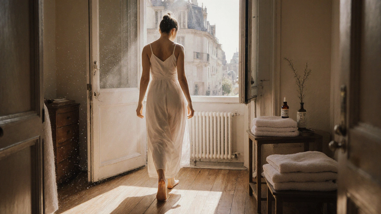 Femme sortant d&#039;une séance de massage, posture détendue, lumière naturelle et sol en bois, sentiment de paix intérieure.