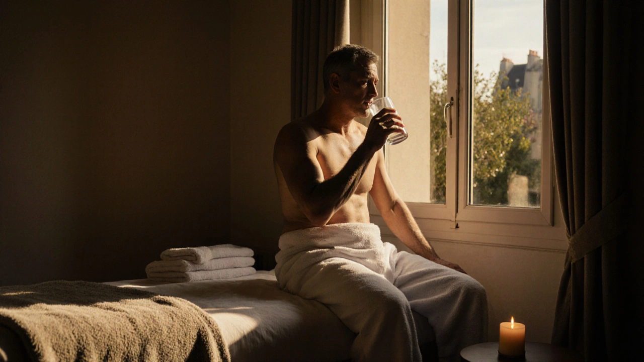 Homme apaisé après un massage, sirotant de l&#039;eau près d&#039;une fenêtre sur un jardin parisien.