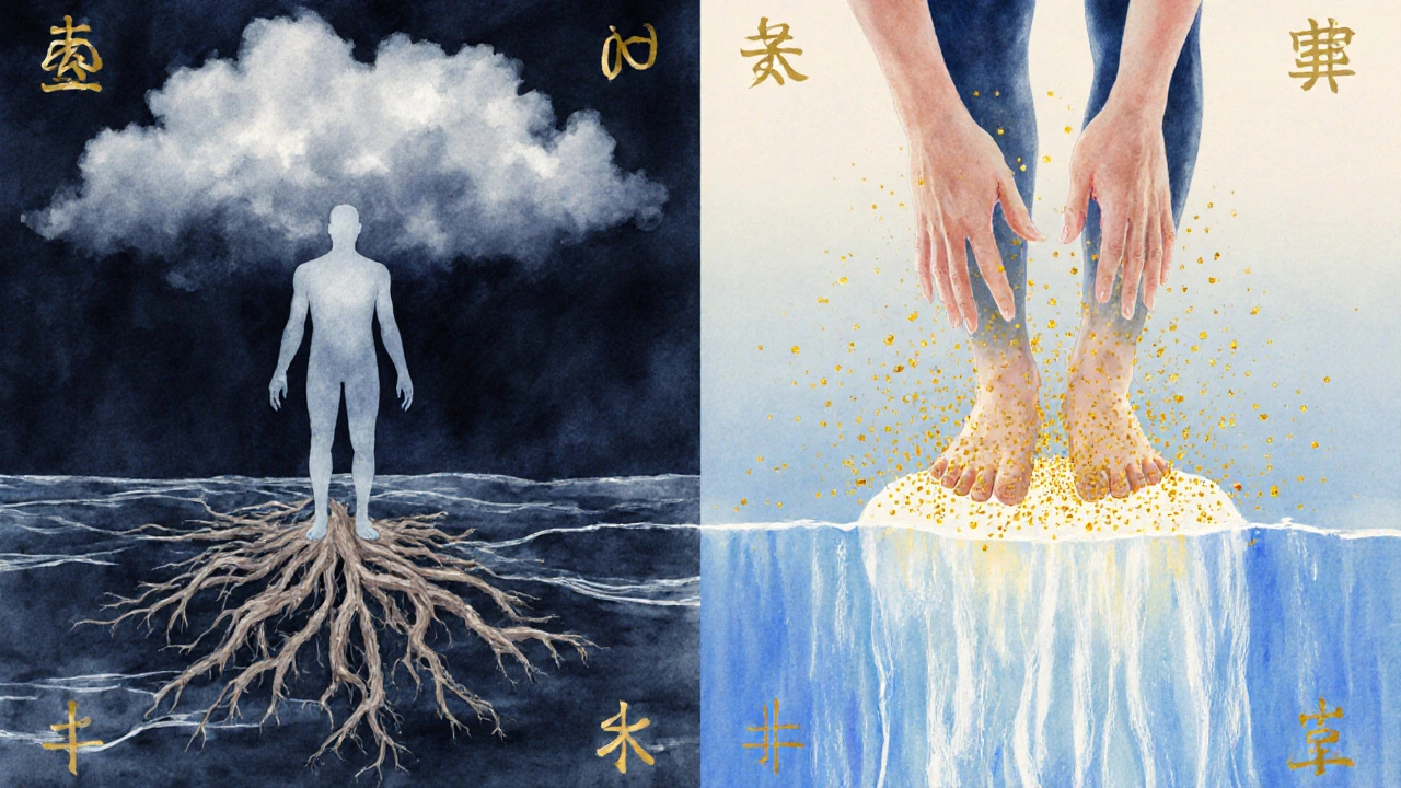 Illustration artistique d&#039;un flux énergétique bloqué transformé en courant lumineux, mains posées sur les pieds, symboles de qi et prana.