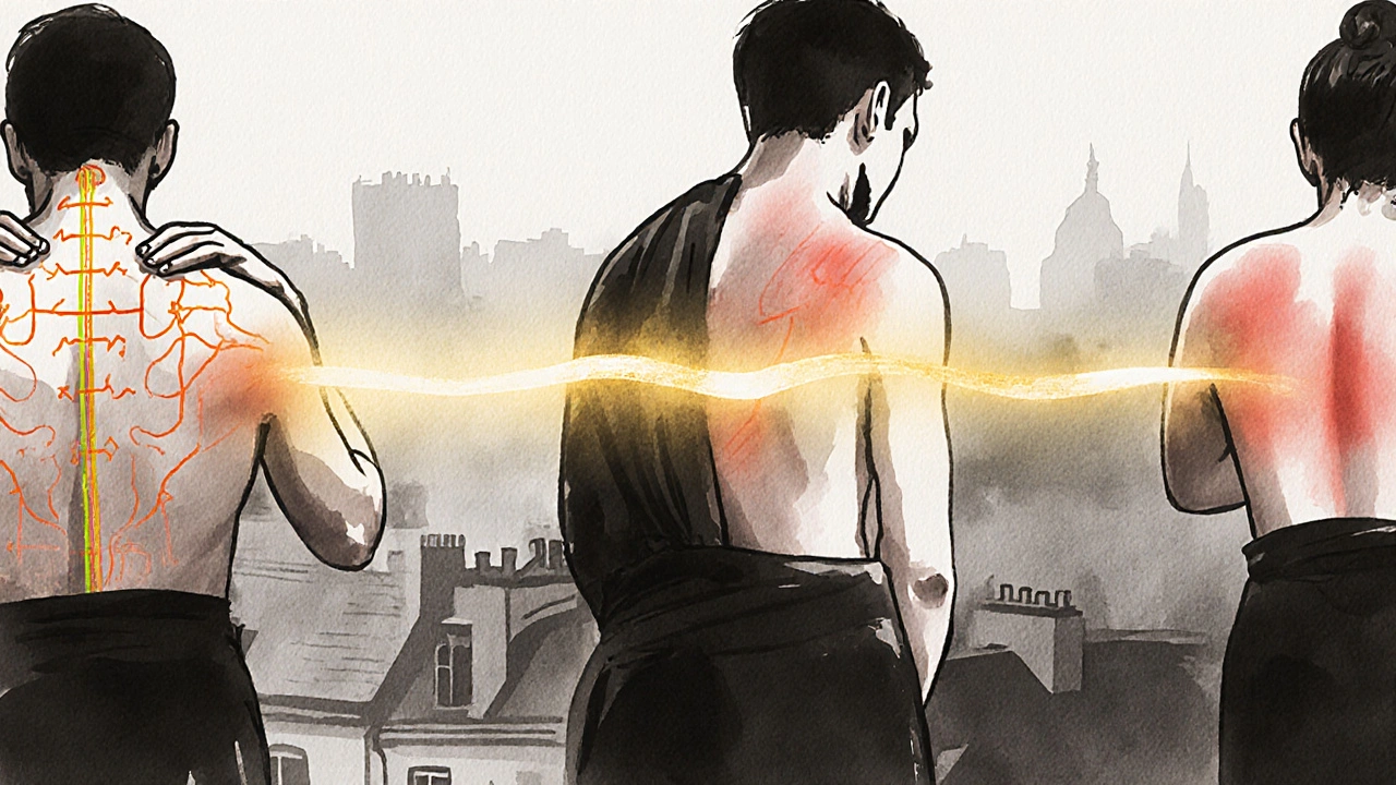 Illustration stylisée montrant trois techniques de massage chinois : Tuina, Qigong et ventouses, avec un flux d’énergie dorée traversant le corps.