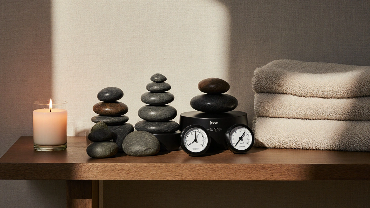 Kit complet de massage aux pierres chaudes disposé sur une étagère en bois : pierres, chauffe-pierres, serviettes et huile.