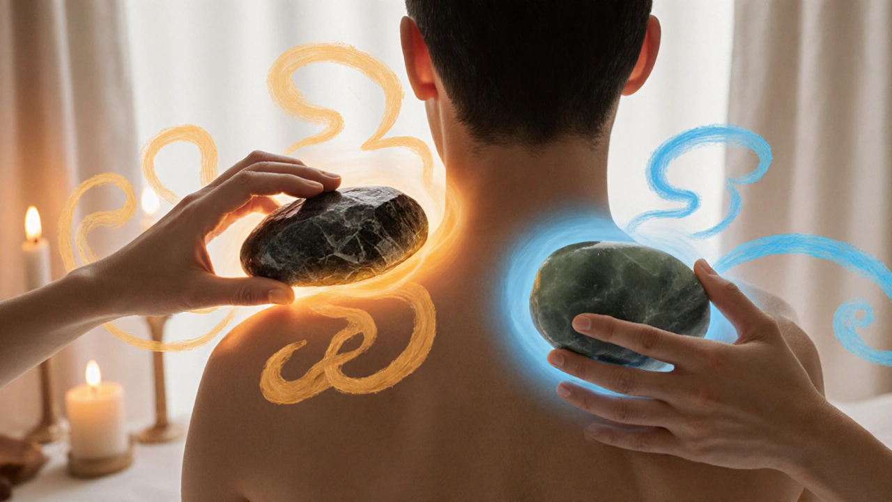 Main tenant une pierre chaude à l'épaule et une pierre froide sur le bas du dos, avec des lignes d'énergie en contraste thermique.