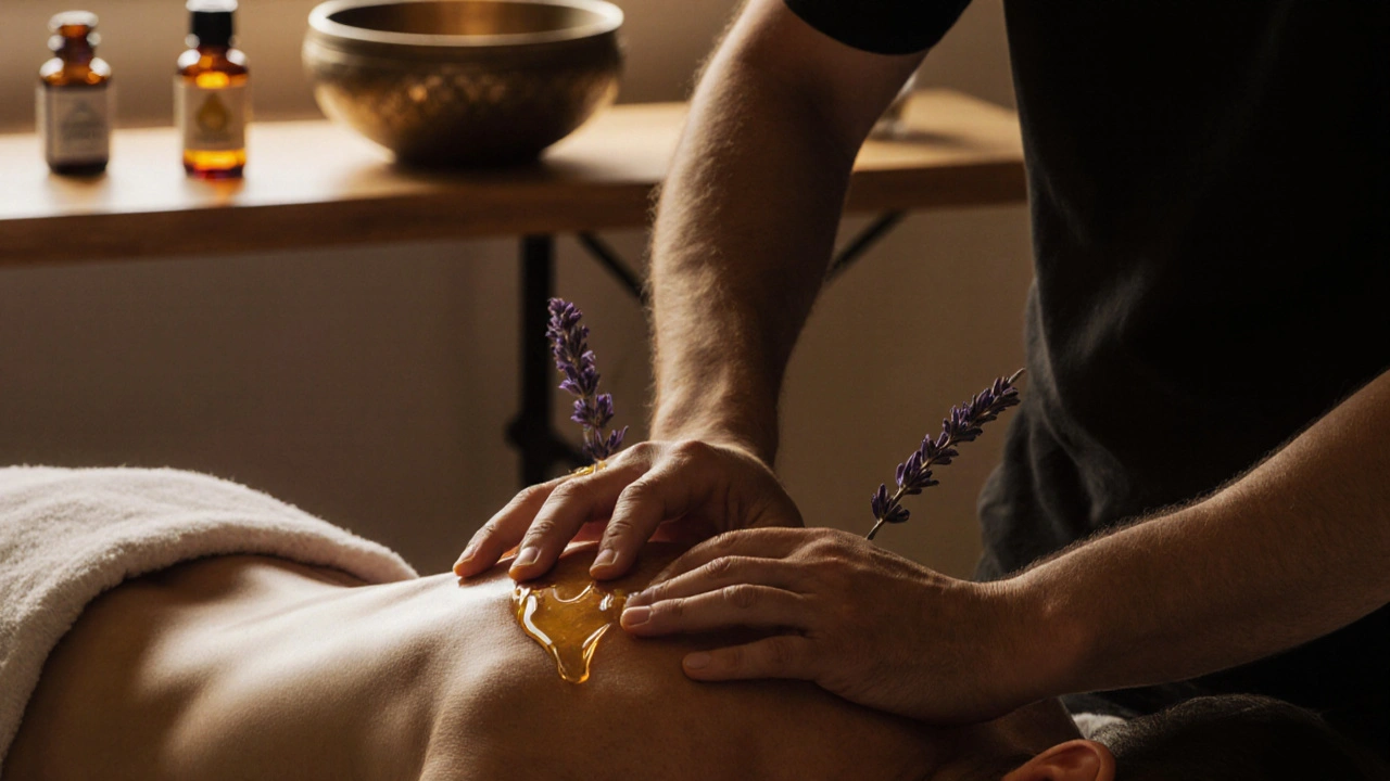 Mains de masseur en action sur une épaule, lumière douce et huiles naturelles, ambiance apaisante.