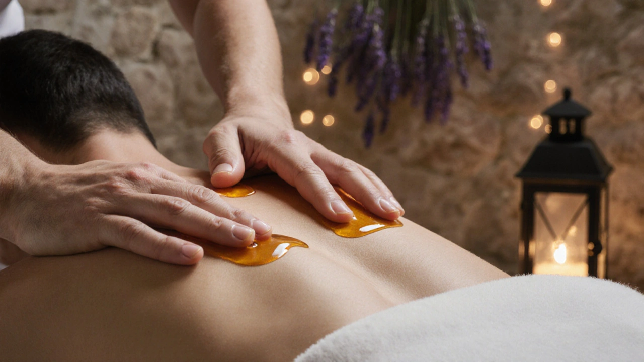 Mains de masseur travaillant en profondeur sur les épaules, huile dorée et ambiance calme.