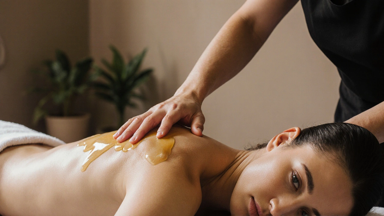 Mains de praticien massant une épaule tendue, avec de l&#039;huile qui brille sous une lumière douce.