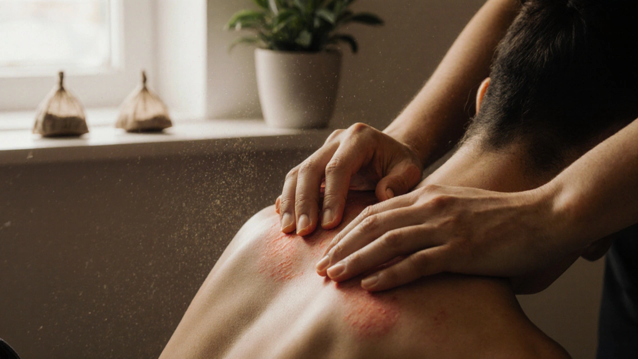 Mains effectuant un shiatsu sur l&#039;épaule, lumière naturelle, ambiance authentique et sans décor.