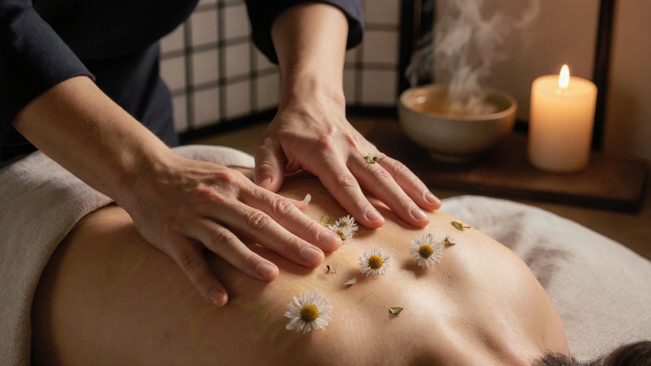 Mains expertes effectuant un massage Shiatsu sur une épaule, dans une ambiance chaleureuse et apaisante.