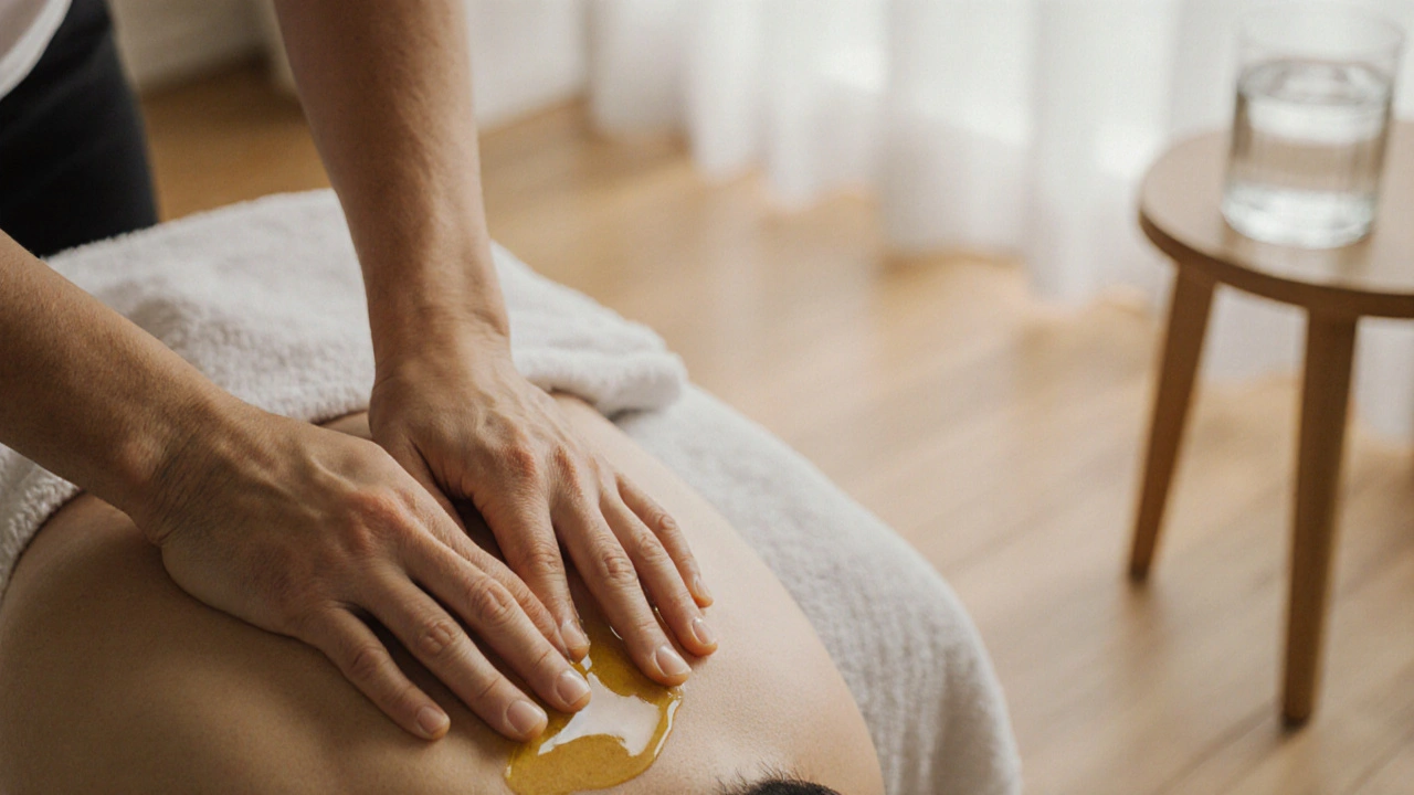 Mains professionnelles effectuant un massage profond sur l&#039;épaule, huile naturelle visible, fond flou d&#039;une pièce propre et minimalist.