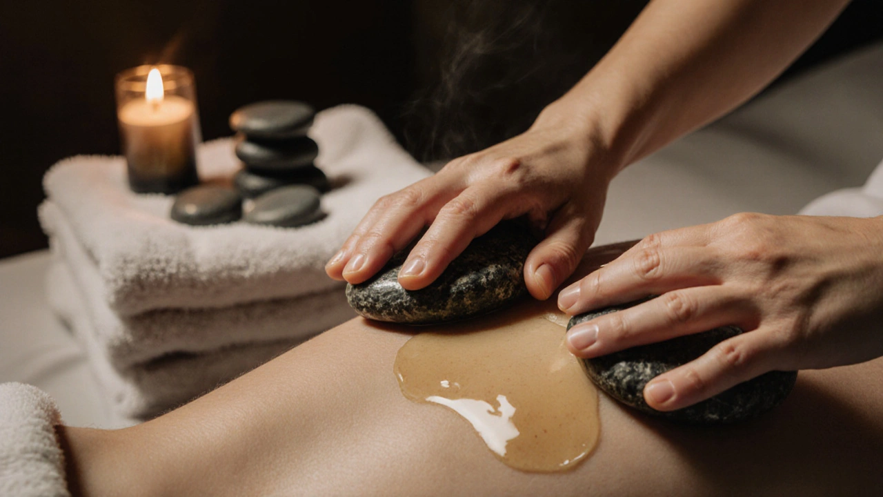 Mains tenant des pierres de basalte chaudes en train de masser doucement le mollet, avec de l&#039;huile qui brille sur la peau.