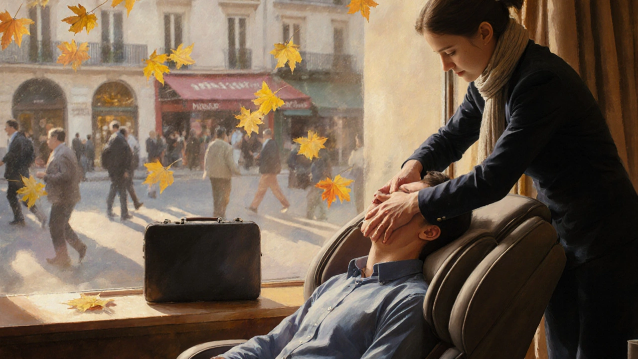 Massage express en chaise ergonomique pendant la pause déjeuner à Paris, lumière dorée, ambiance urbaine apaisée.