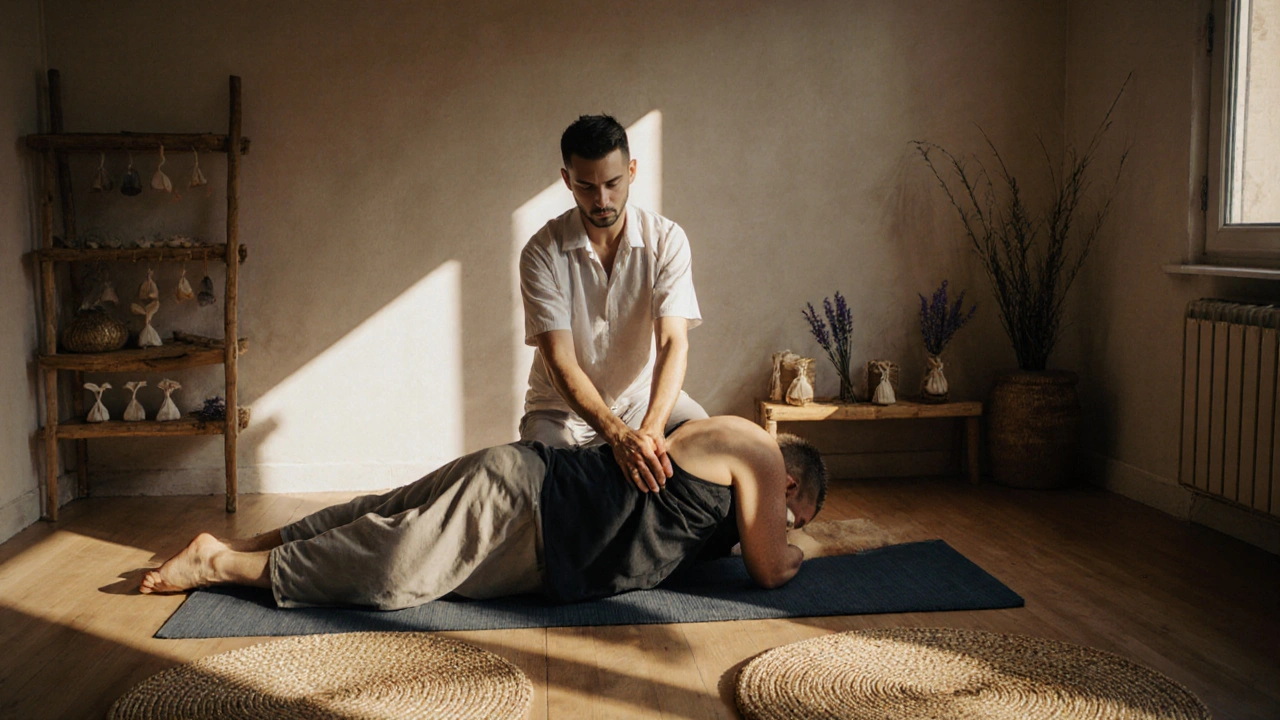 Massage thaïlandais au sol, praticien en mouvement, ambiance naturelle et calme.