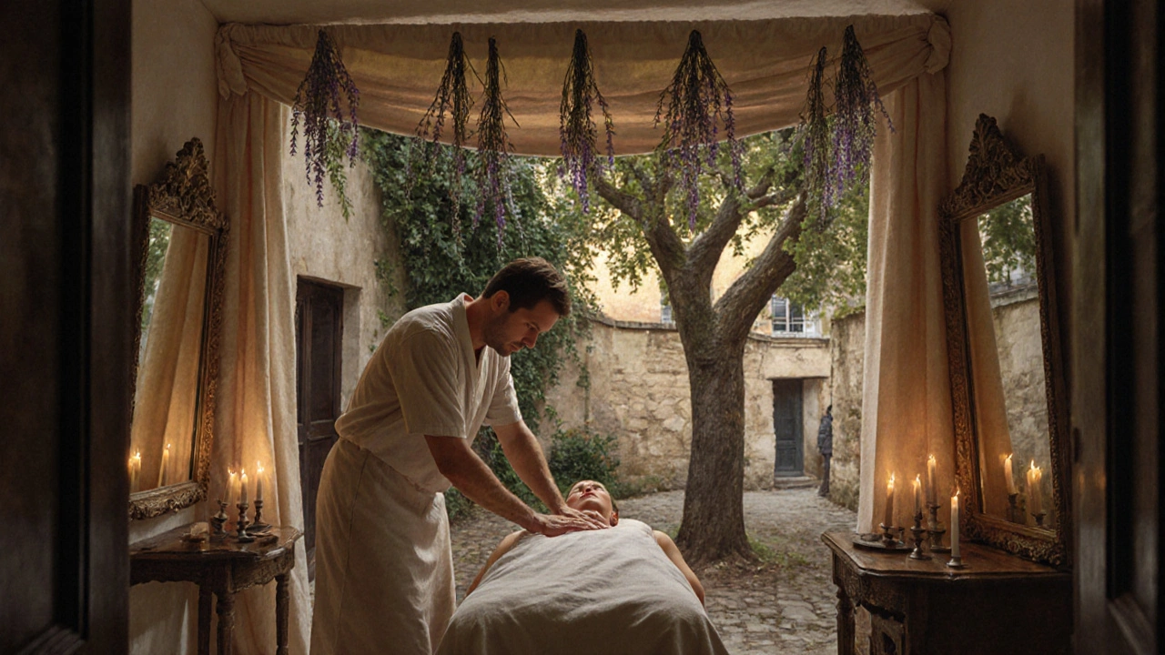 Massage traditionnel français dans un atelier caché, huiles chaudes, lumière de bougie, ambiance ancestrale.