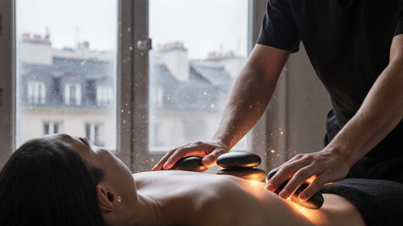 Masseur utilisant des pierres chaudes avec des mouvements fluides sur les épaules, dans une ambiance douce et fumante.