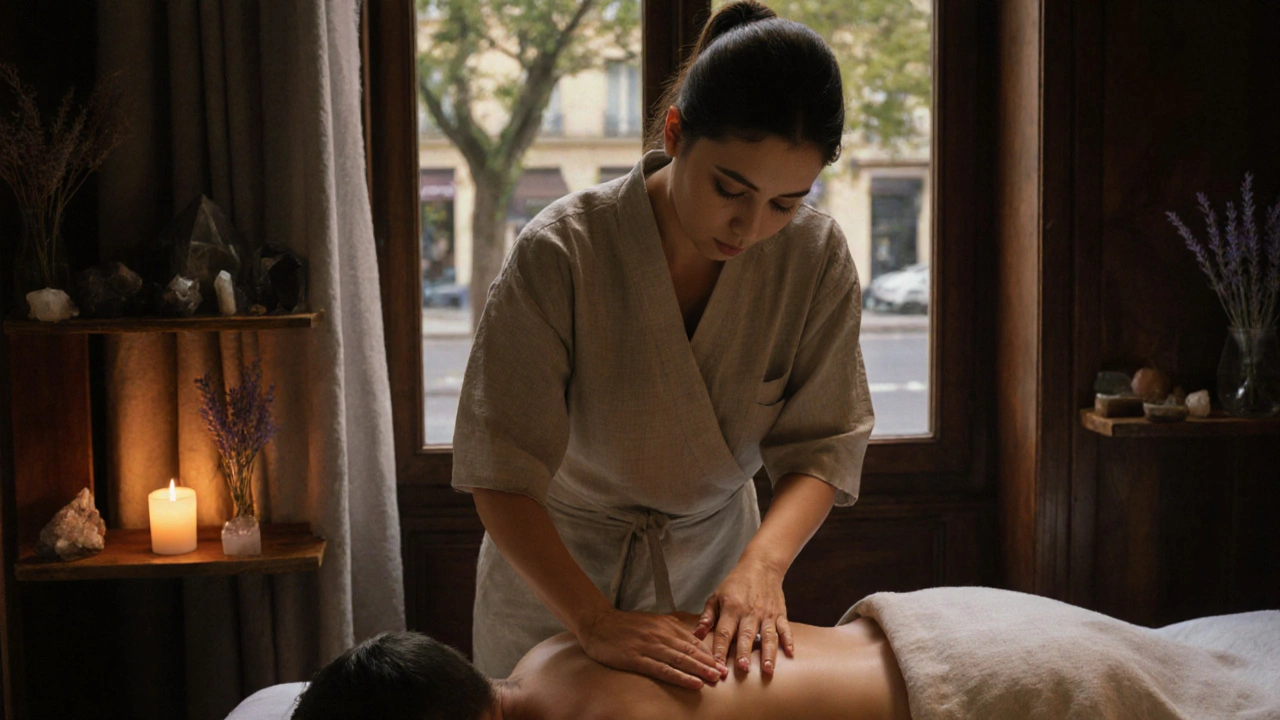 Masseuse appliquant un massage profond sur le dos d&#039;un client détendu, dans une ambiance zen.
