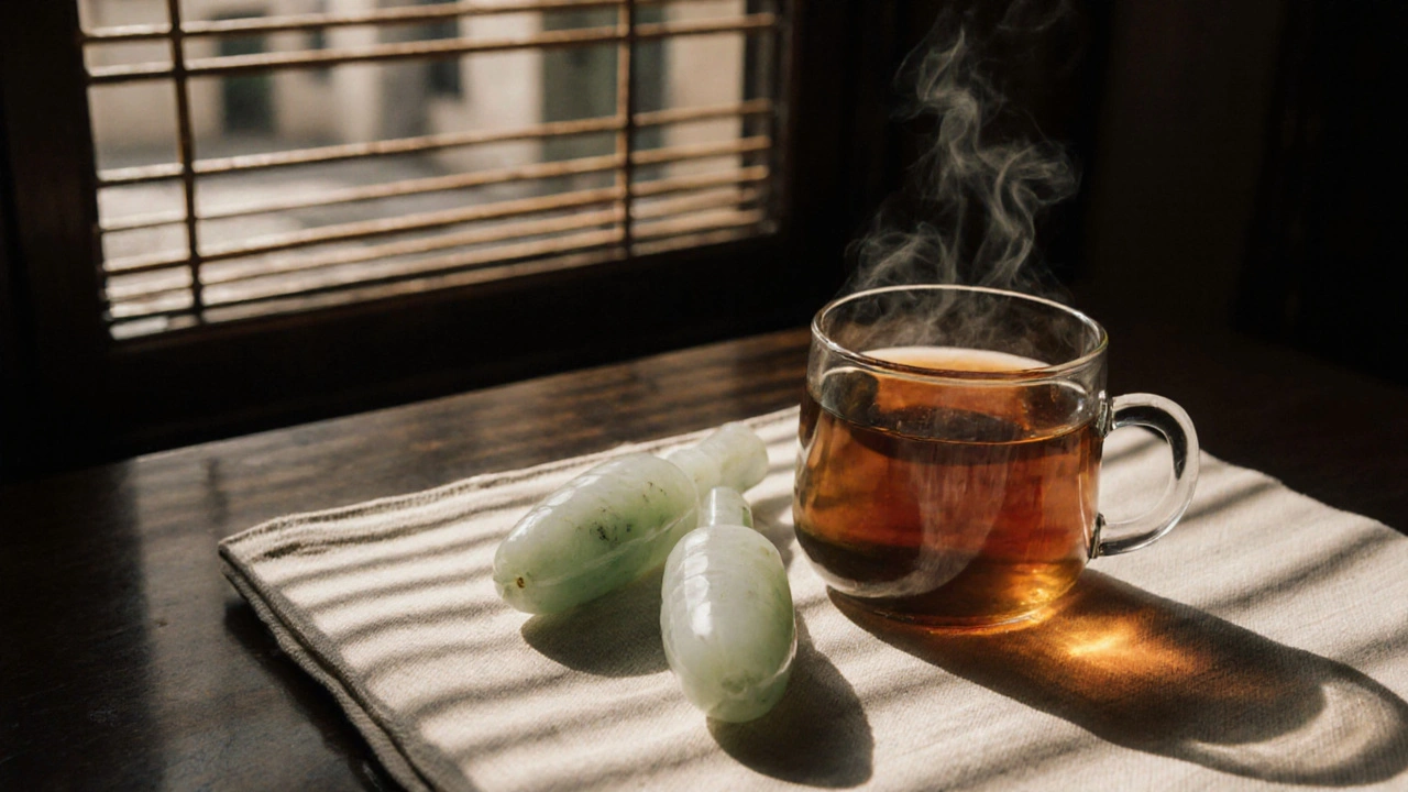 Outils de Guasha en jade et tisane chaude sur un tissu, lumière naturelle, ambiance apaisante à Paris.