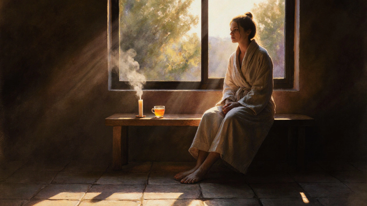 Personne assise après une séance, enveloppée dans un peignoir, respirant profondément dans la lumière du soir, seule et apaisée.