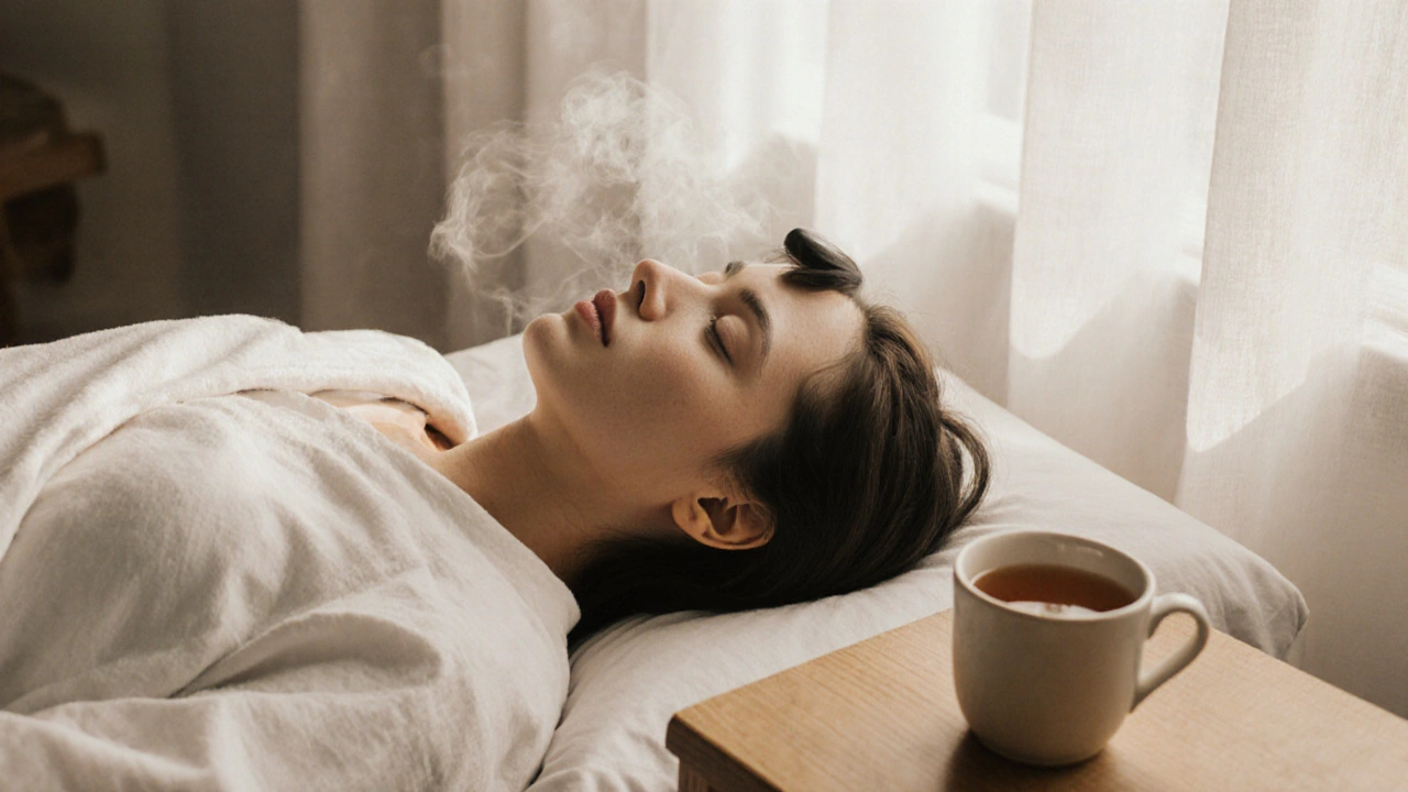 Personne détendue après un massage, une pierre chaude sur le front, une tisane à côté, lumière douce et rideaux légers.