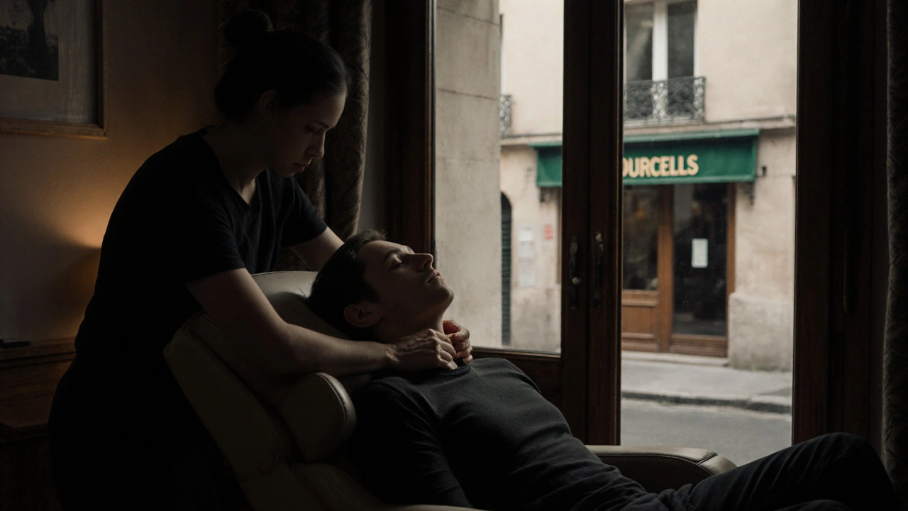 Personne détendue dans un fauteuil de massage assis, les yeux fermés, dans un salon discret de Paris 17.