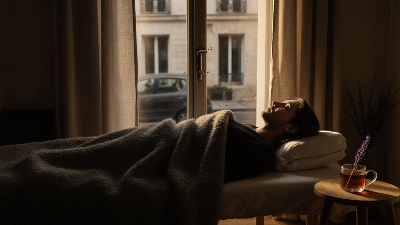 Personne enveloppée dans une couverture après un massage, lumière dorée, calme profond et sérénité.