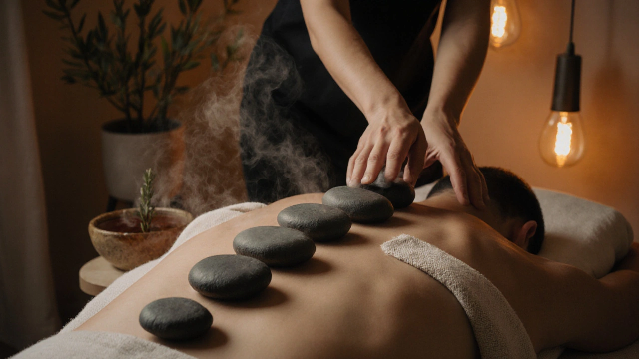 Pierres chaudes posées sur le dos d&#039;une personne détendue, lumière douce et vapeur subtile dans une salle de bien-être.