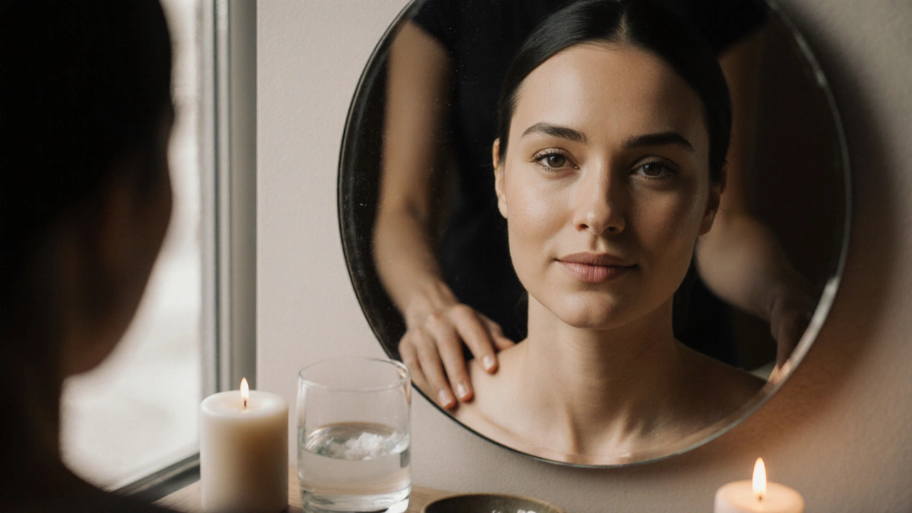 Plan rapproché du visage d&#039;une femme aux traits détendus, peau naturellement éclatante, sans maquillage.