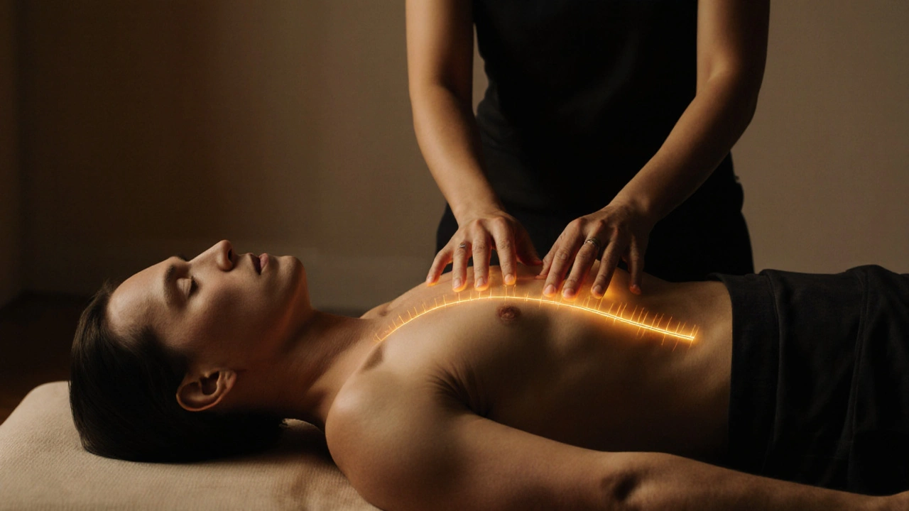 Praticien applique des pressions précises sur le dos d&#039;une personne allongée sur un futon, dans un cadre zen.