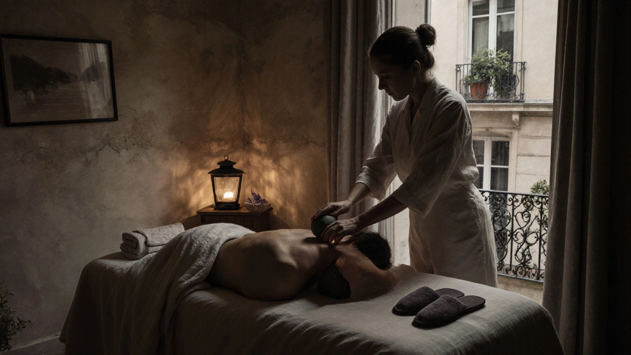 Praticien de massage ajustant une pierre chaude sur l&#039;épaule d&#039;un client dans un salon discret au cœur du 17e arrondissement de Paris.