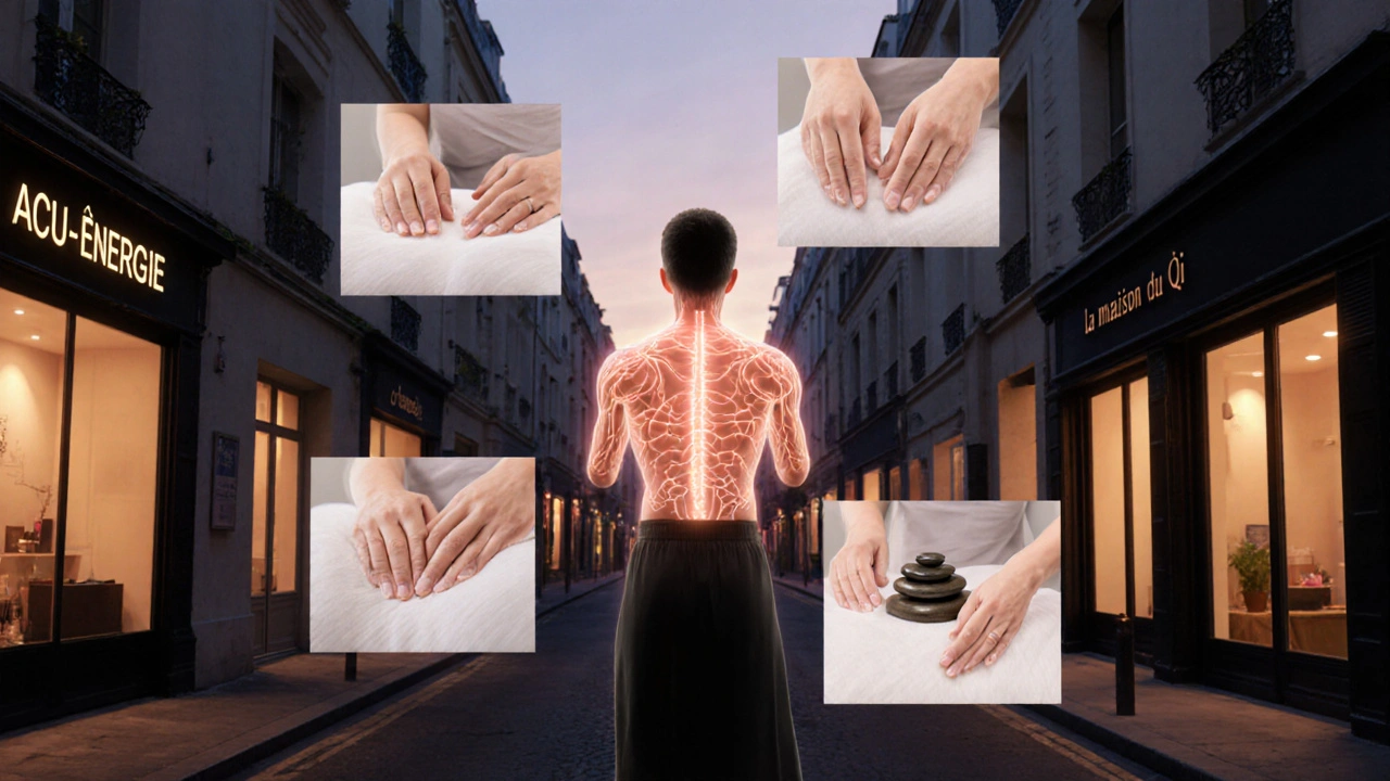 Quatre techniques de massage chinois représentées comme des éléments flottants autour d&#039;une personne en détente, dans un décor urbain apaisant.