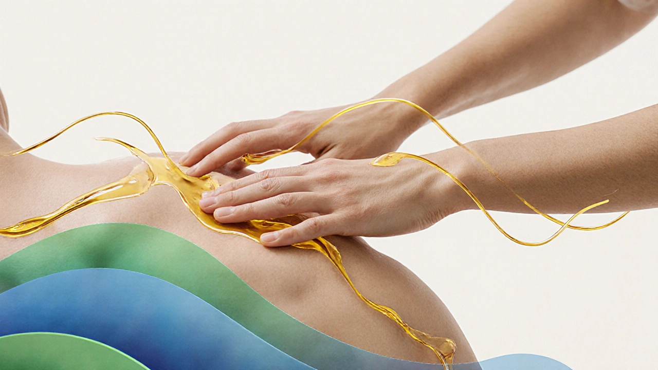 Représentation abstraite du contact peau à peau comme lien entre corps et esprit, avec des lignes d&#039;huile et des couleurs apaisantes.