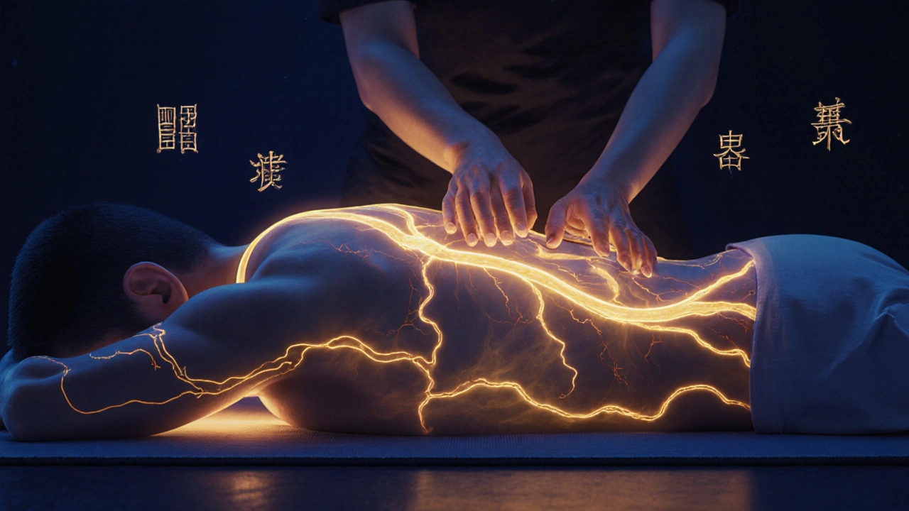 Représentation artistique des méridiens énergétiques brillants sous la peau pendant un massage chinois Tui Na.