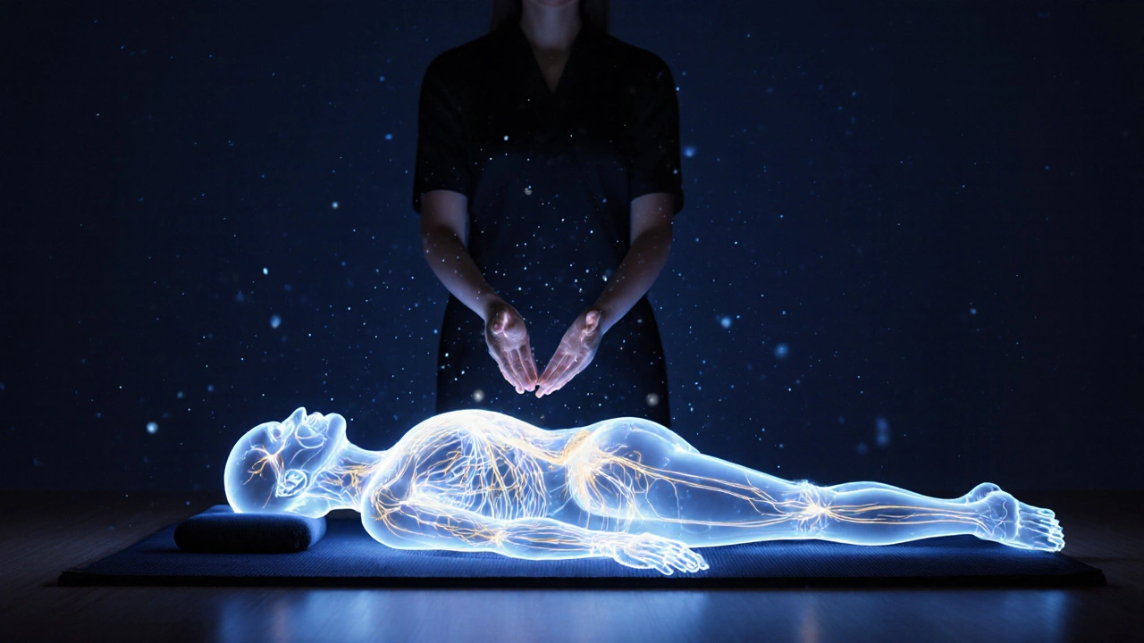 Représentation artistique des méridiens énergétiques en lumière dorée et bleue traversant un corps humain pendant un shiatsu.
