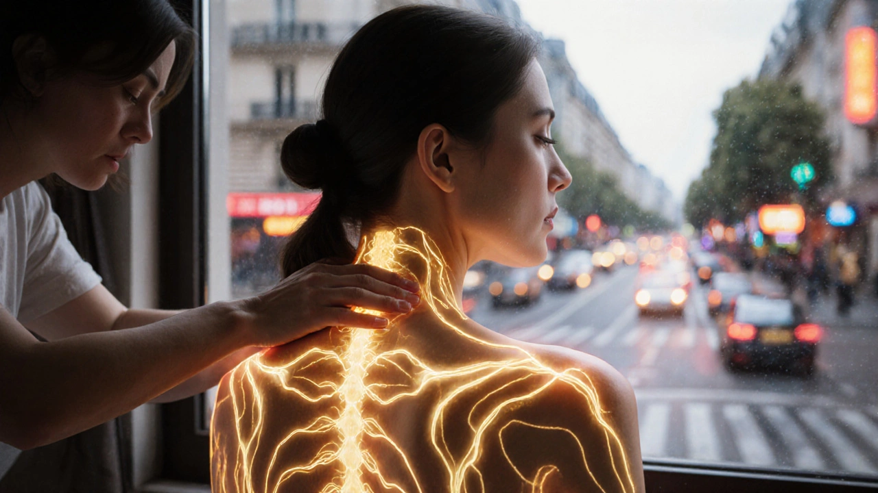 Représentation artistique des voies énergétiques du corps qui s&#039;ouvrent pendant un massage asiatique, tandis que la ville floute en arrière-plan.