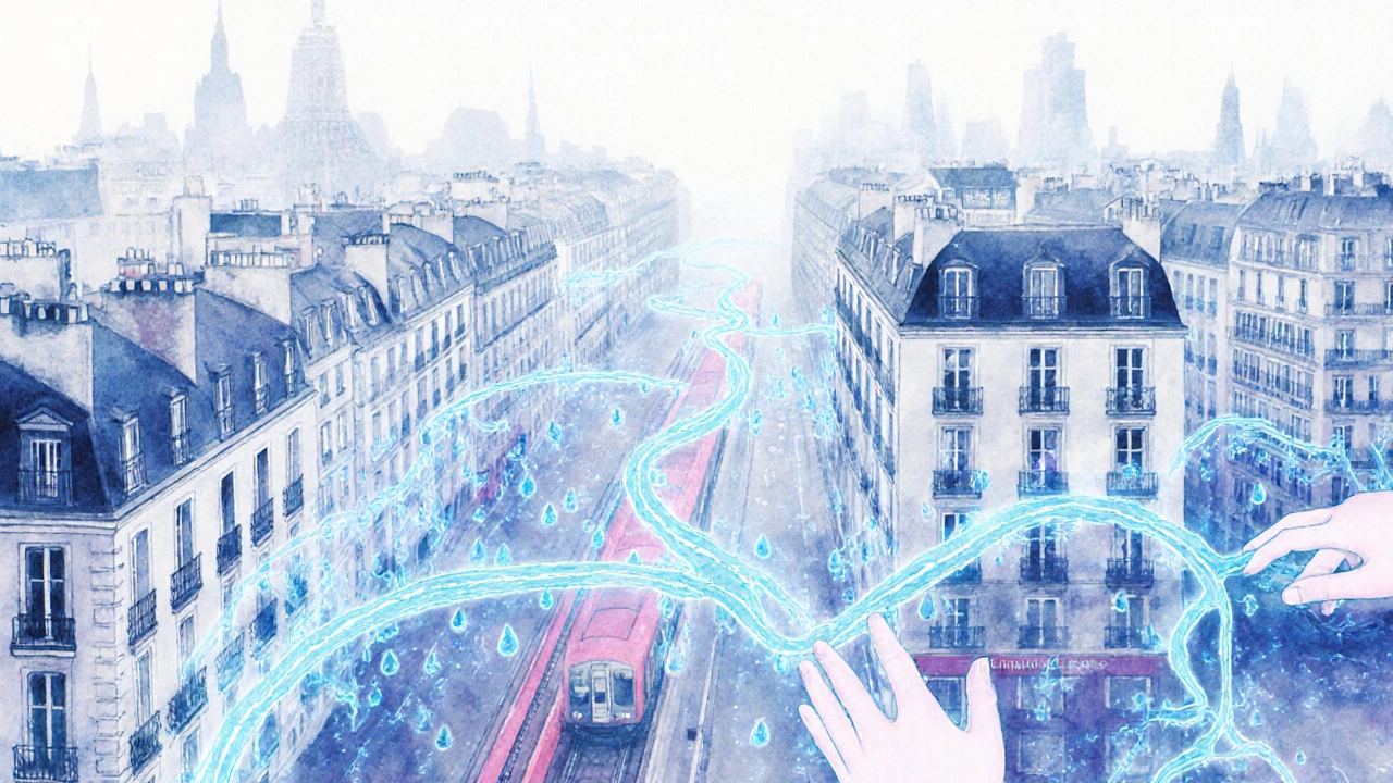 Représentation artistique du système lymphatique comme un réseau lumineux dans une ville parisienne.