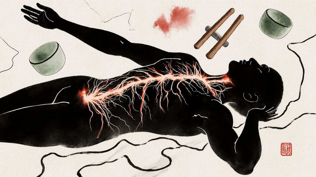 Représentation artistique en encre chinoise des méridiens énergétiques et des points d&#039;acupuncture sur un corps allongé.