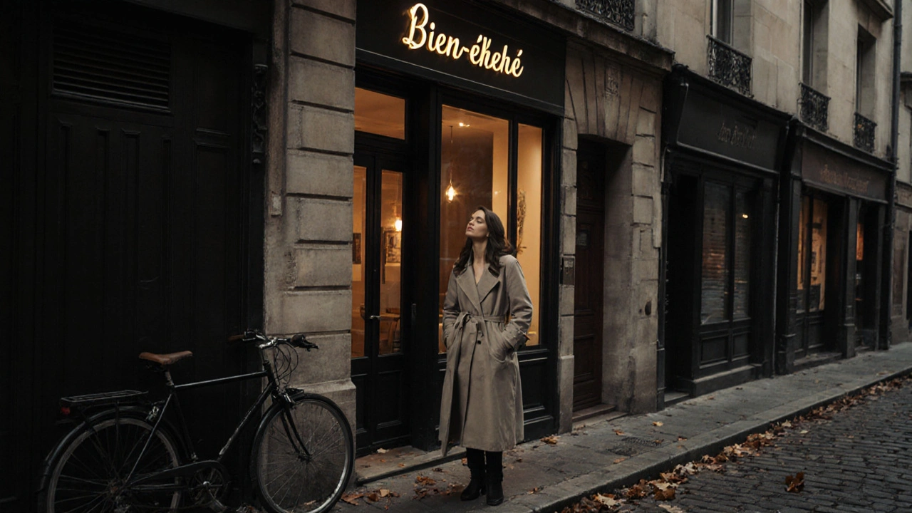 Rue paisible du 17e arrondissement de Paris, avec un petit salon de bien-être aux lumières chaleureuses.