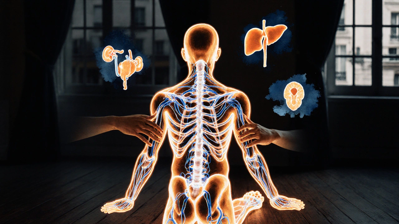 Schéma corporel stylisé avec lignes énergétiques brillantes, représentant les méridiens et points de pression travaillés par des mains expertes.
